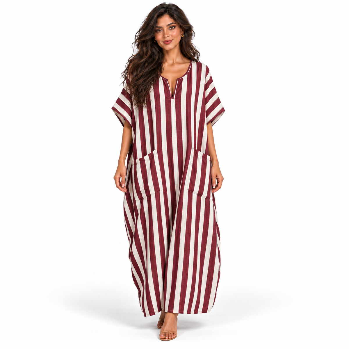 Elegant Burgundy Striped Linen Maxi Kaftan