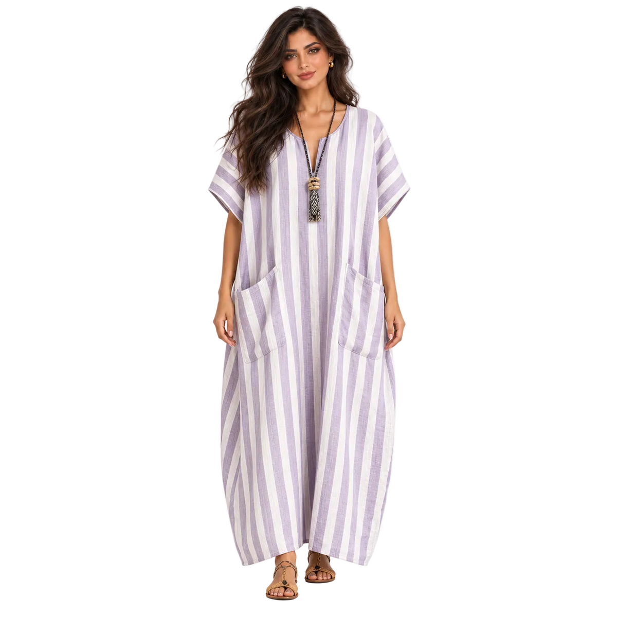Elegant Lavender Striped Linen Kaftan Dress-1