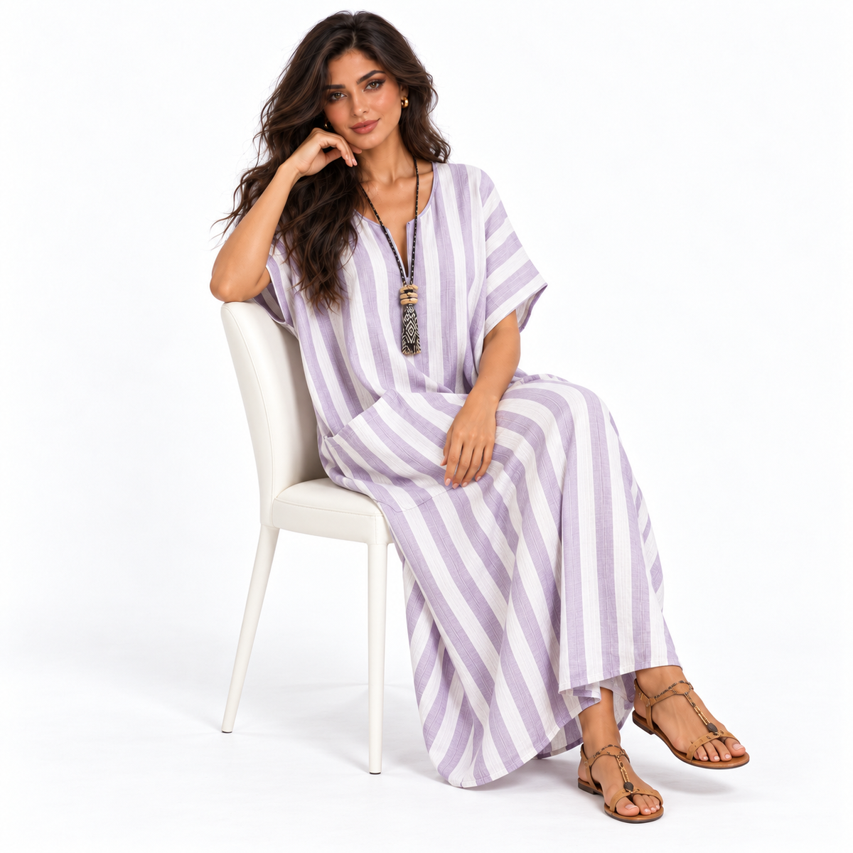 Elegant Lavender Striped Linen Kaftan Dress-3