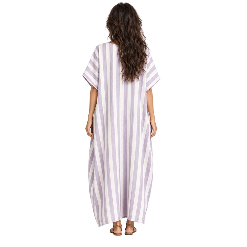 Elegant Lavender Striped Linen Kaftan Dress-4