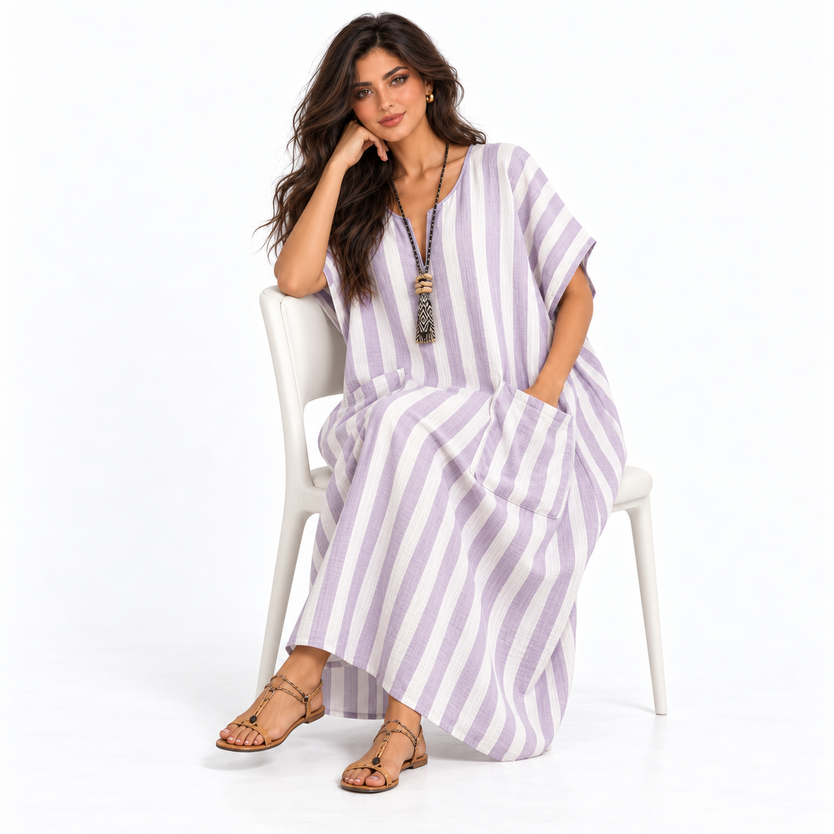 Elegant Lavender Striped Linen Kaftan Dress-2