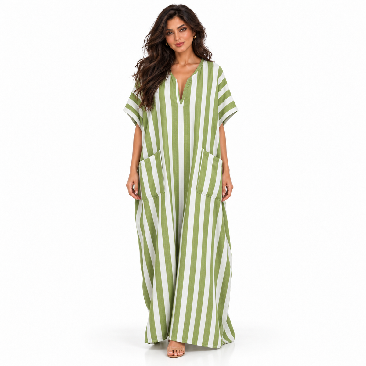 Olive Green Striped Linen Kaftan Dress-1