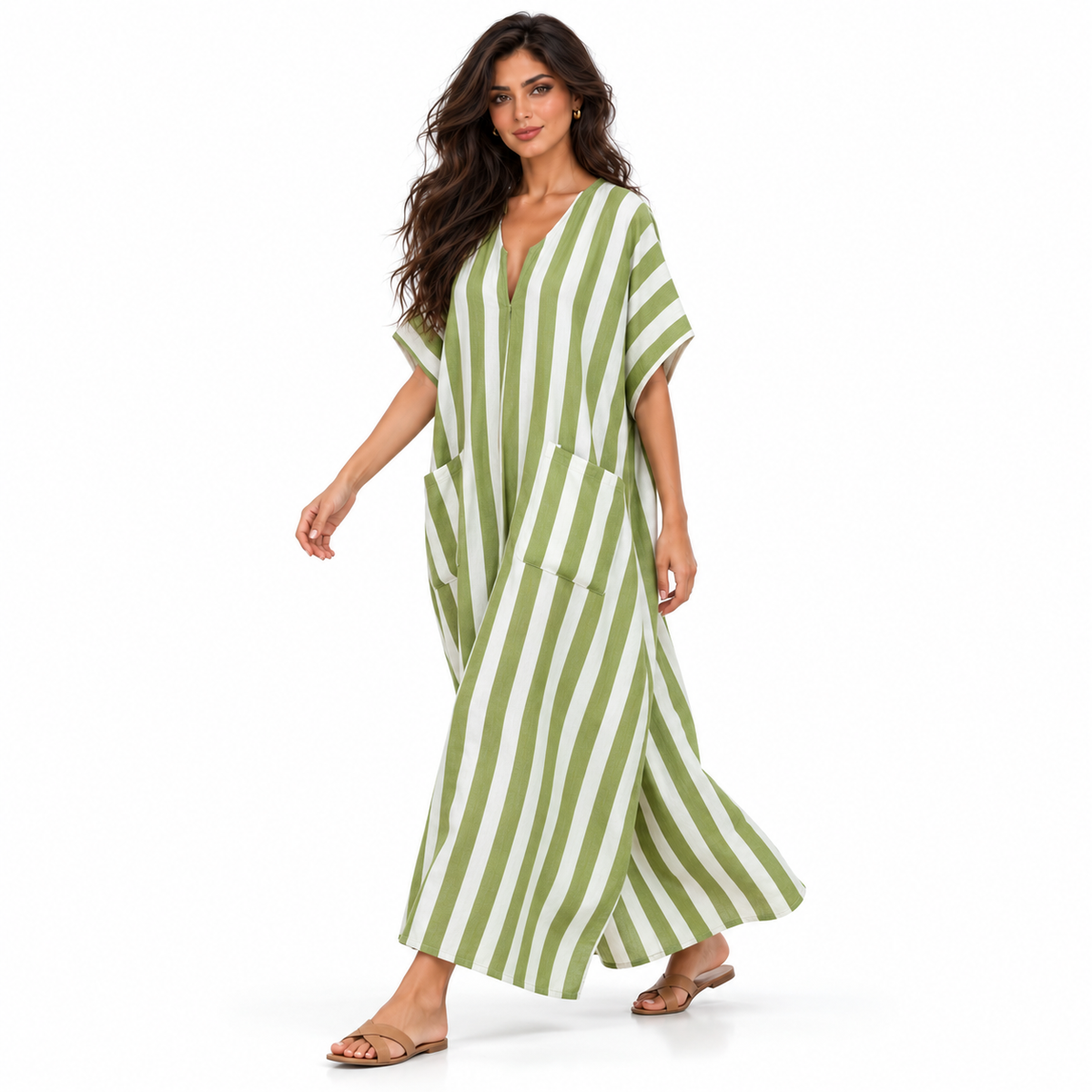 Olive Green Striped Linen Kaftan Dress-3