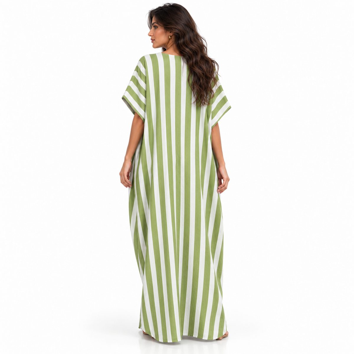 Olive Green Striped Linen Kaftan Dress-4