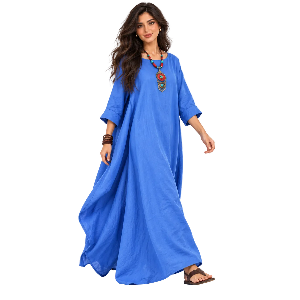 Elegant Royal Blue Cotton Linen Kaftan