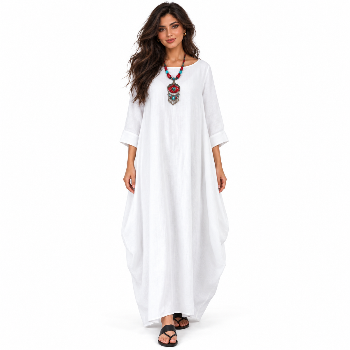 Elegant White Cotton Linen Kaftan Maxi