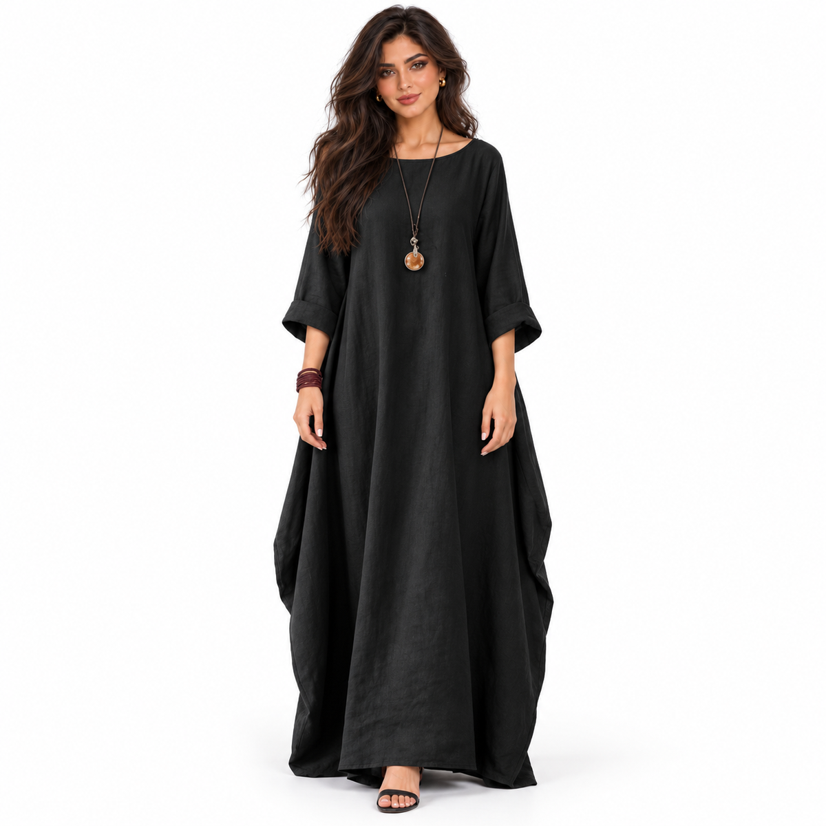 Elegant Black Cotton Linen Kaftan Maxi