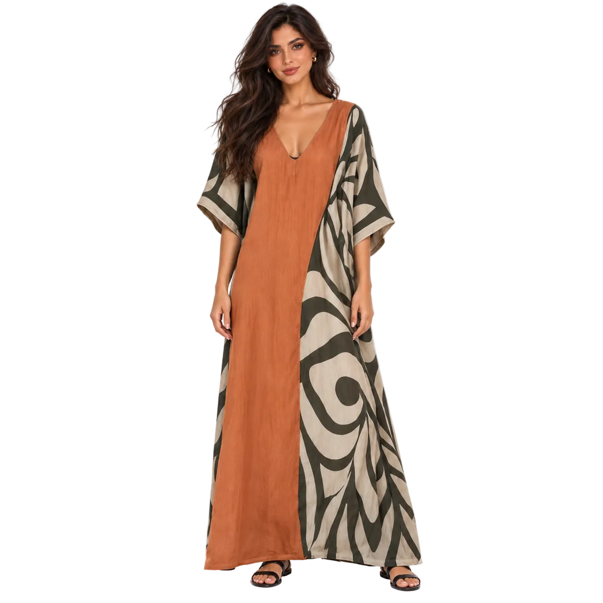 Rust Orange Abstract Print Linen Kaftan-1