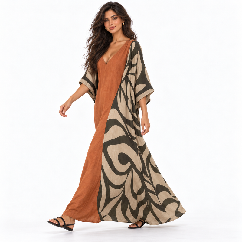 Rust Orange Abstract Print Linen Kaftan-3