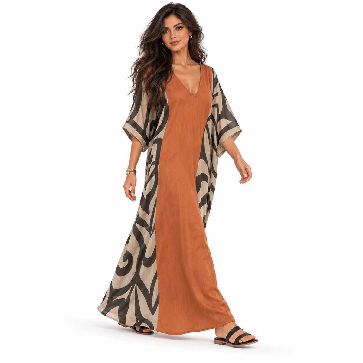 Rust Orange Abstract Print Linen Kaftan