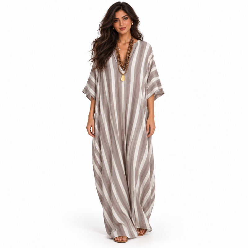 Elegant Lotus Root Striped Linen Kaftan-1