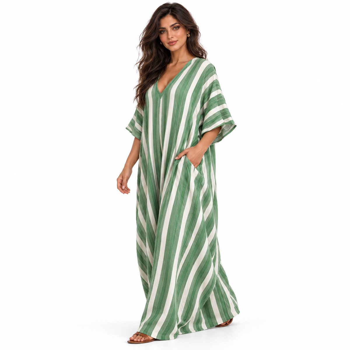 Elegant Green Striped Linen Kaftan Dress-2
