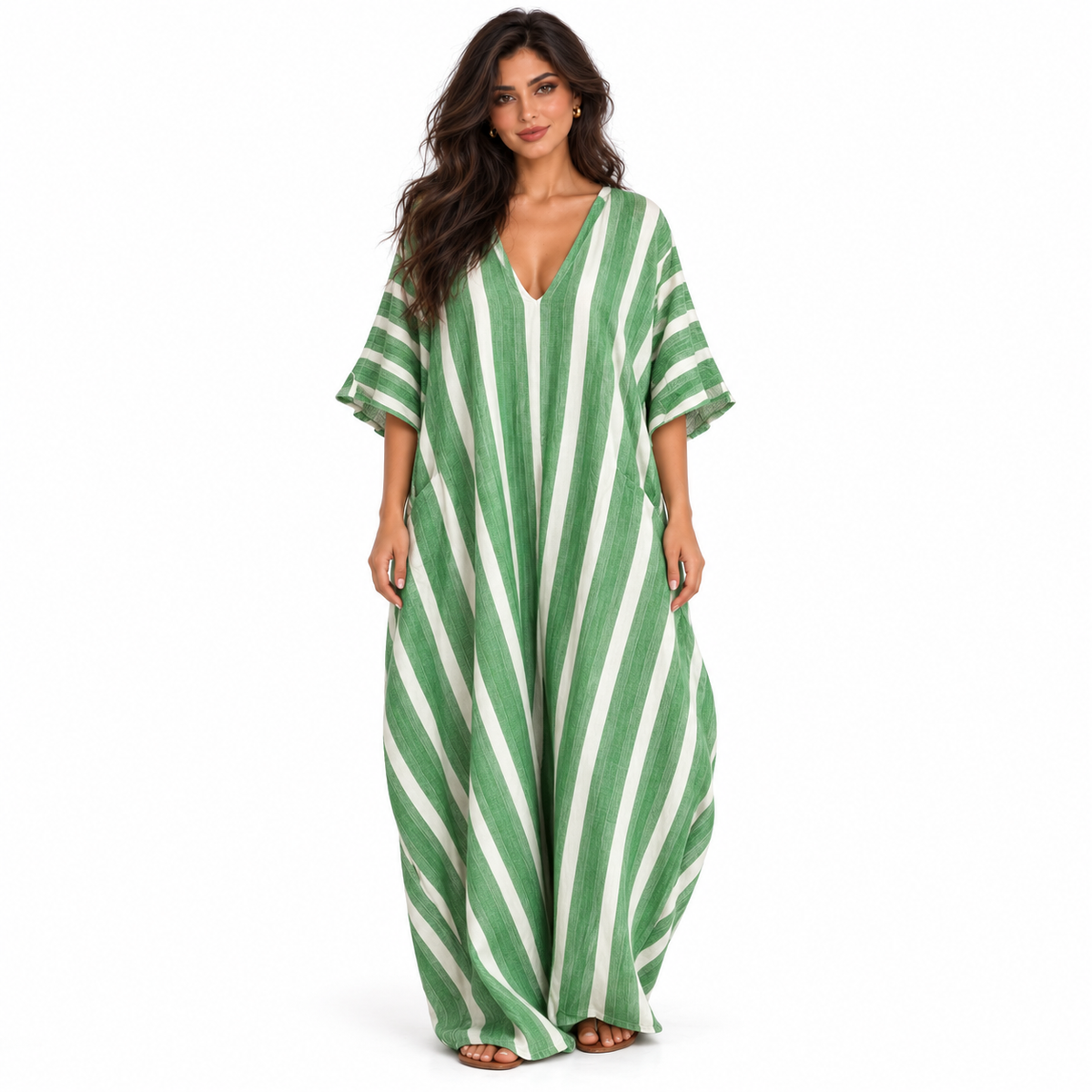 Elegant Green Striped Linen Kaftan Dress-1
