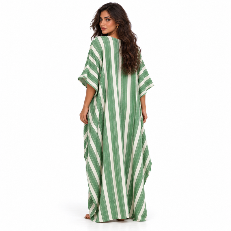 Elegant Green Striped Linen Kaftan Dress-4