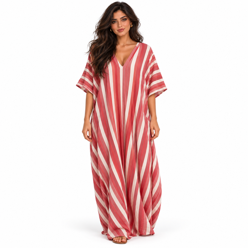 Red And White Striped Linen Kaftan-1
