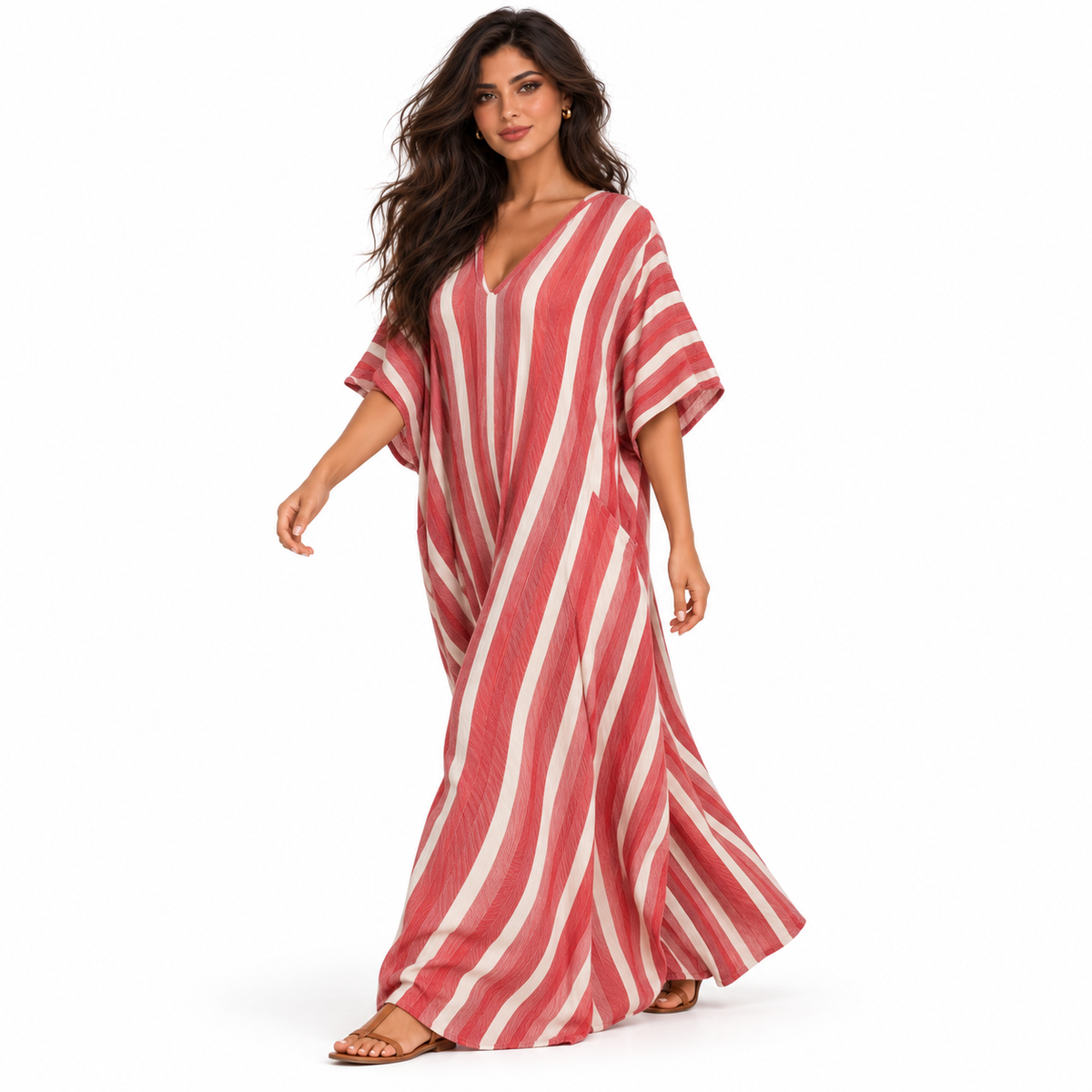 Red And White Striped Linen Kaftan-2
