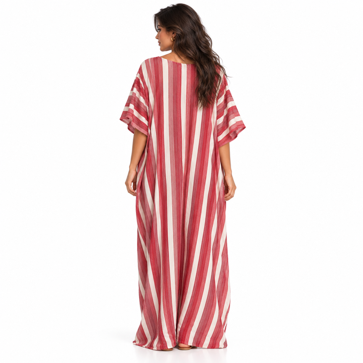 Red And White Striped Linen Kaftan-4