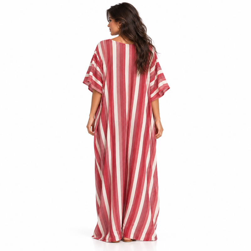 Red And White Striped Linen Kaftan-4