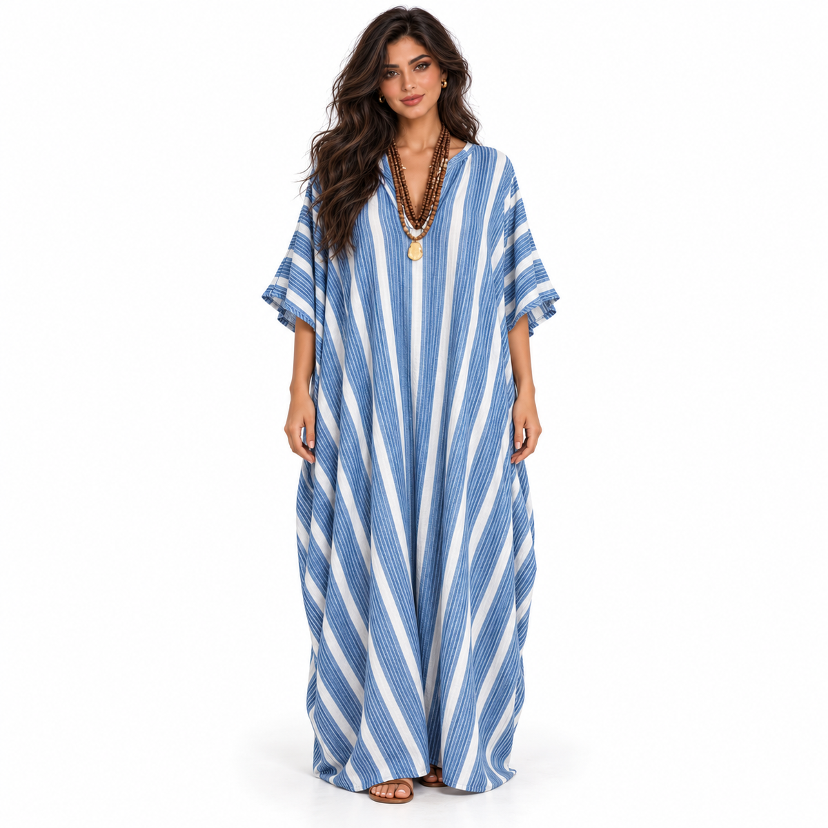 Elegant Blue Striped Linen Kaftan Dress-1