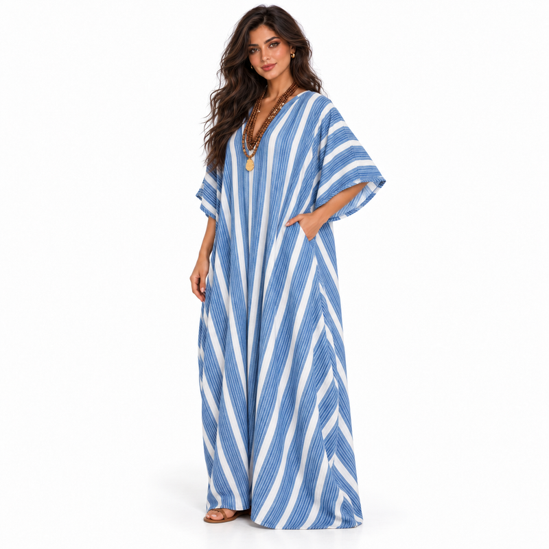 Elegant Blue Striped Linen Kaftan Dress-2