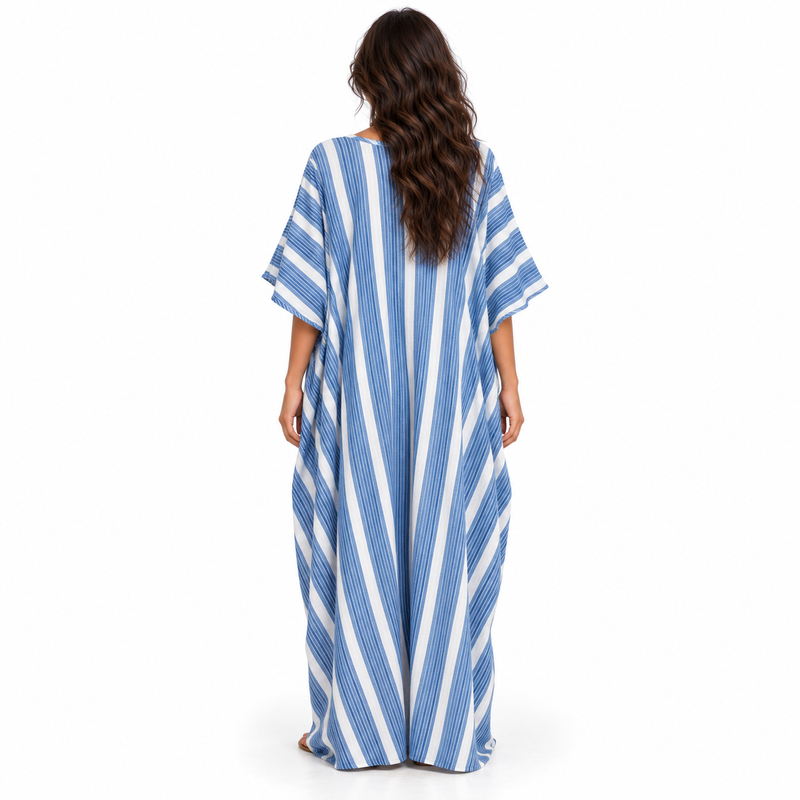 Elegant Blue Striped Linen Kaftan Dress-4