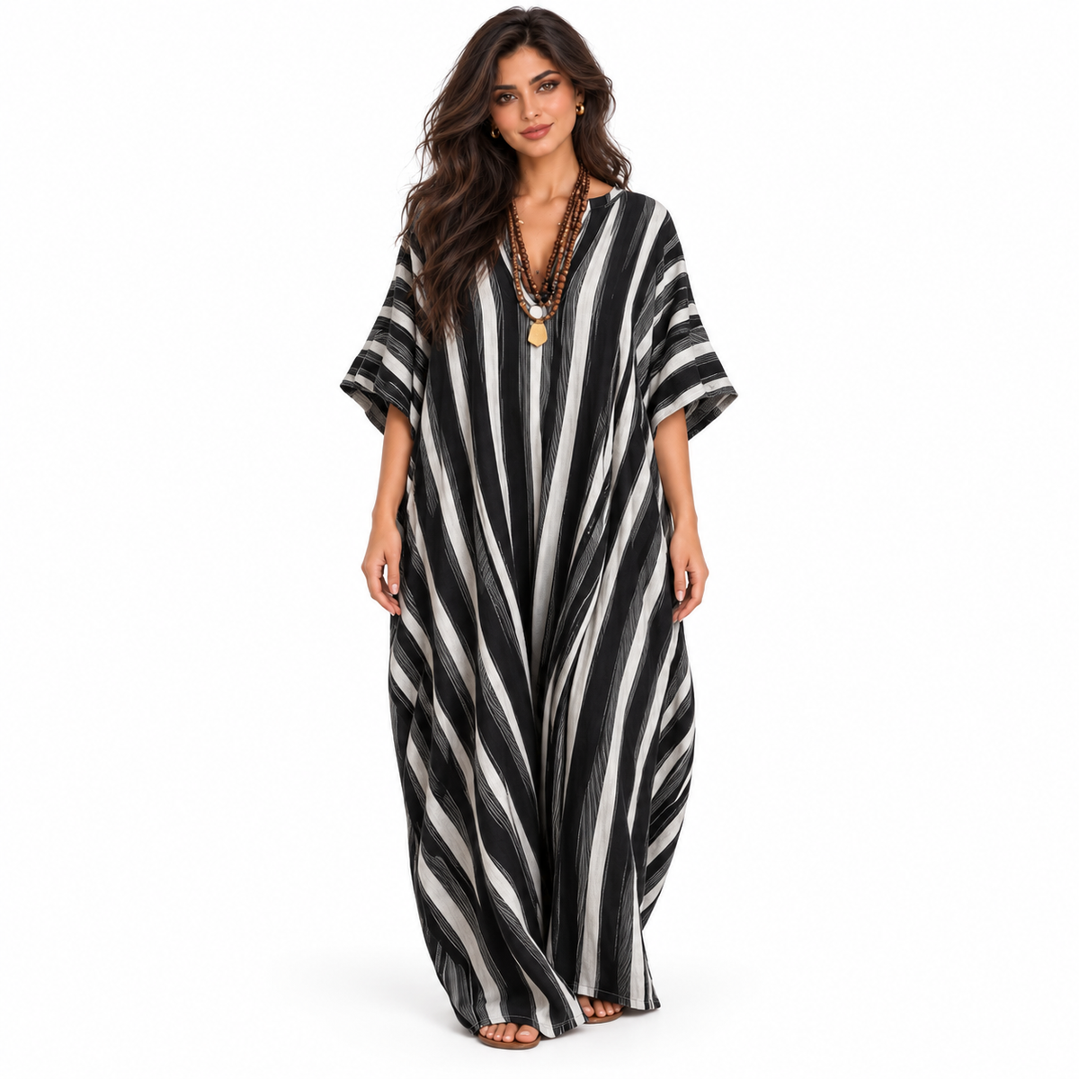 Elegant Black And White Striped Linen Kaftan