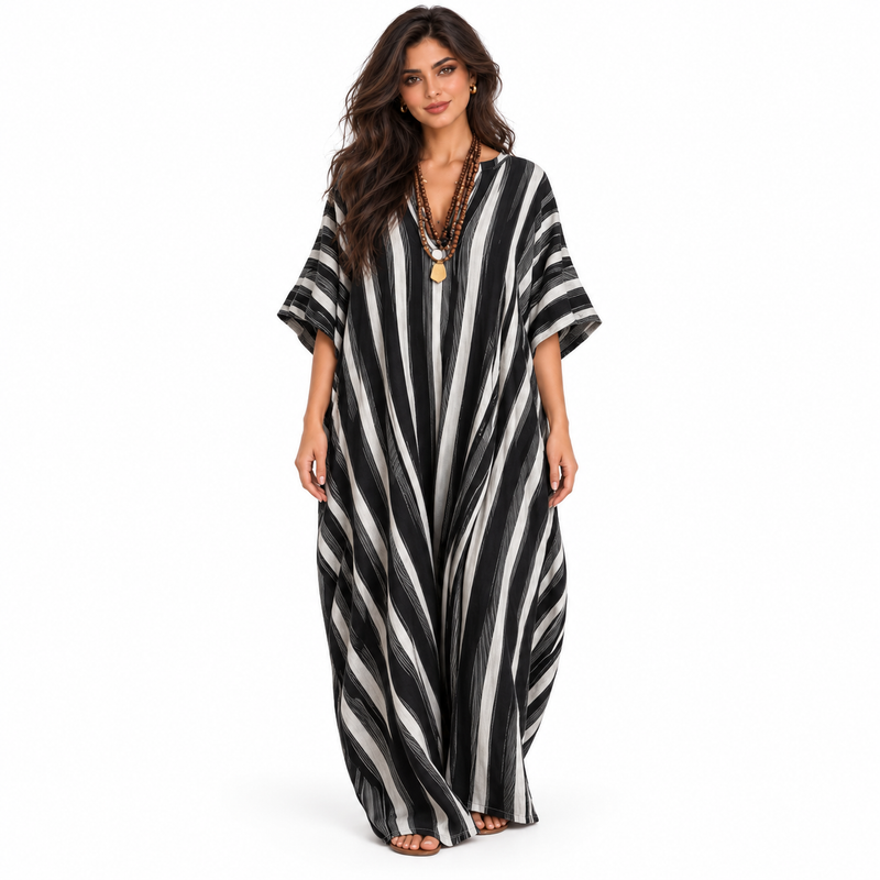 Elegant Black And White Striped Linen Kaftan-1