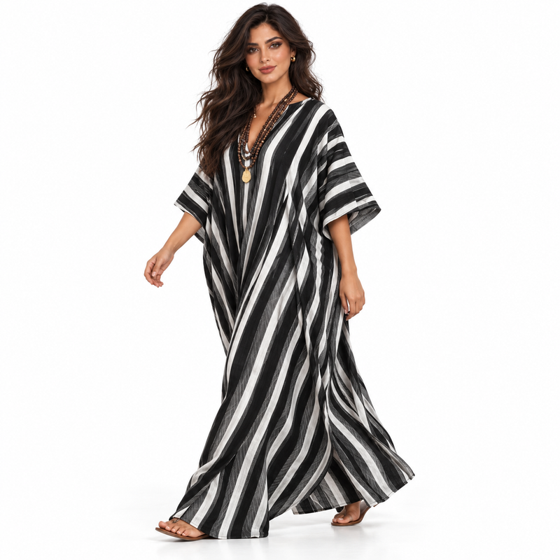 Elegant Black And White Striped Linen Kaftan-3