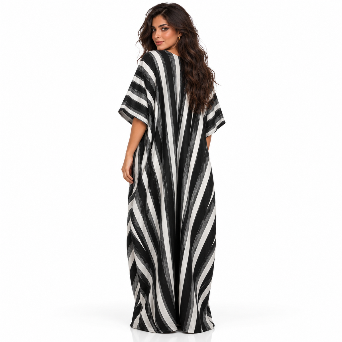 Elegant Black And White Striped Linen Kaftan-4