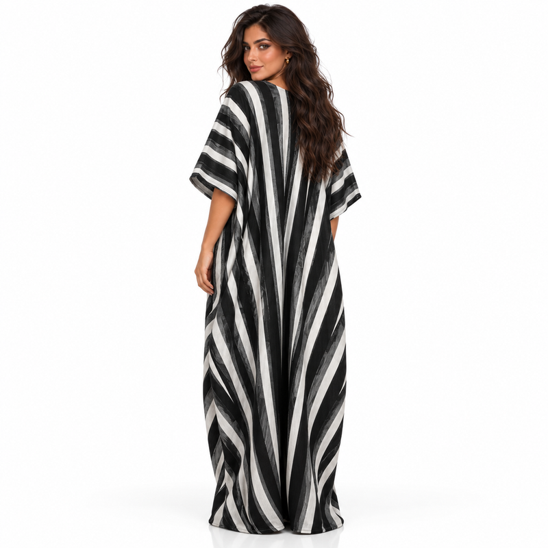 Elegant Black And White Striped Linen Kaftan-4