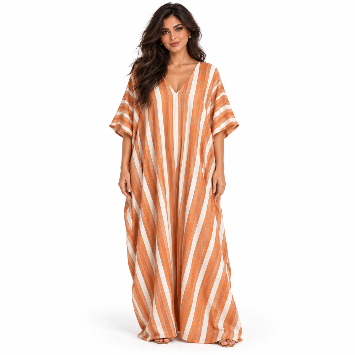 Elegant Orange Striped Linen Kaftan Dress