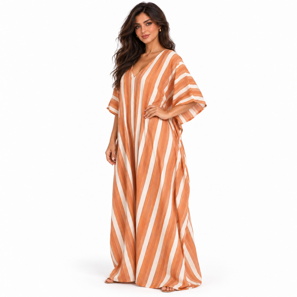 Elegant Orange Striped Linen Kaftan Dress-2
