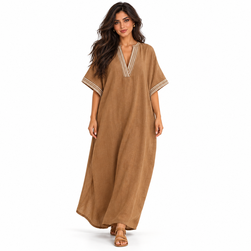 Elegant Dark Brown Linen Kaftan Dress-1