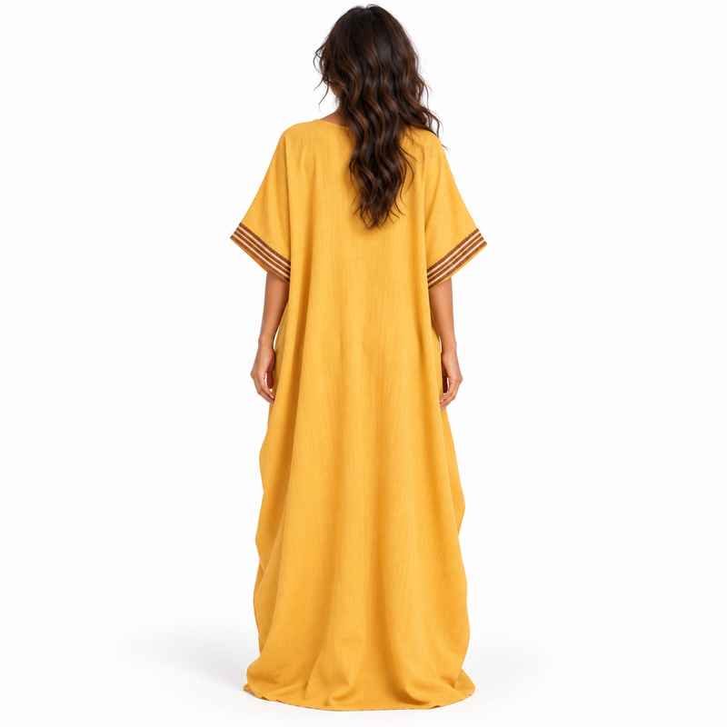 Elegant Khaki Embroidered V-Neck Linen Kaftan-4