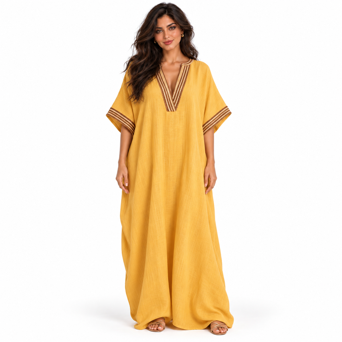 Elegant Khaki Embroidered V-Neck Linen Kaftan-1