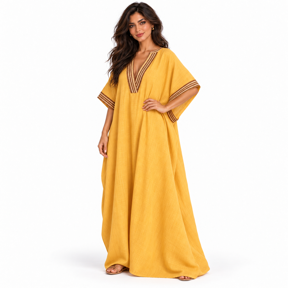 Elegant Khaki Embroidered V-Neck Linen Kaftan-2