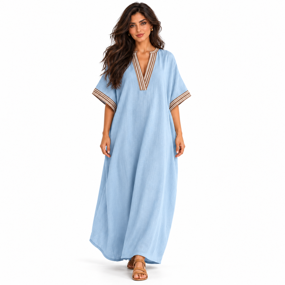 Elegant Sky Blue Linen Kaftan Dress-1