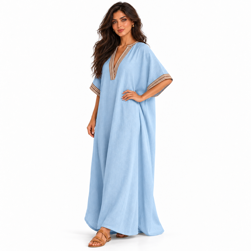 Elegant Sky Blue Linen Kaftan Dress-2