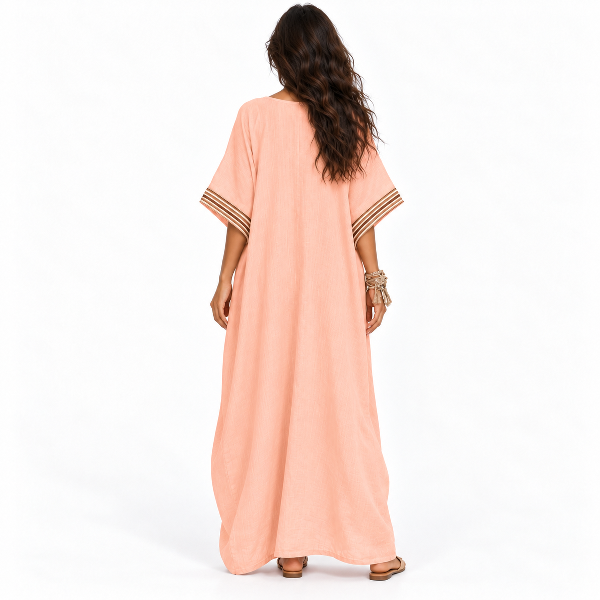 Elegant Peach Blossom V-Neck Linen Kaftan-4