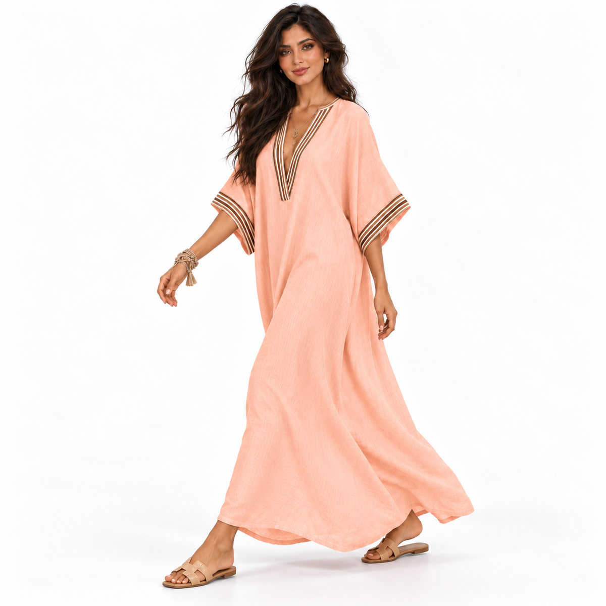 Elegant Peach Blossom V-Neck Linen Kaftan-3