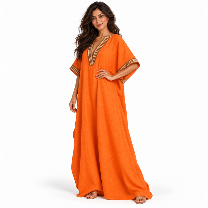 Orange Linen Kaftan With Elegant Embroidery-3