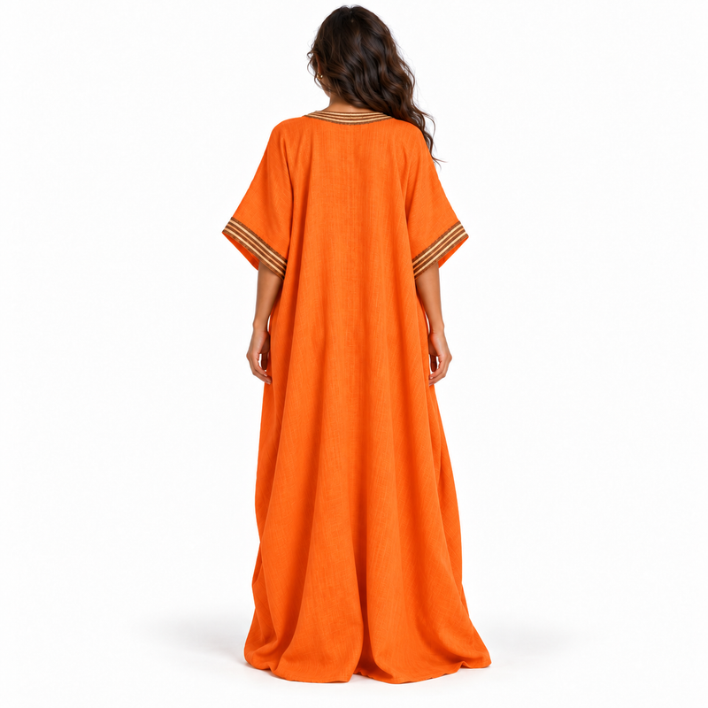 Orange Linen Kaftan With Elegant Embroidery-4