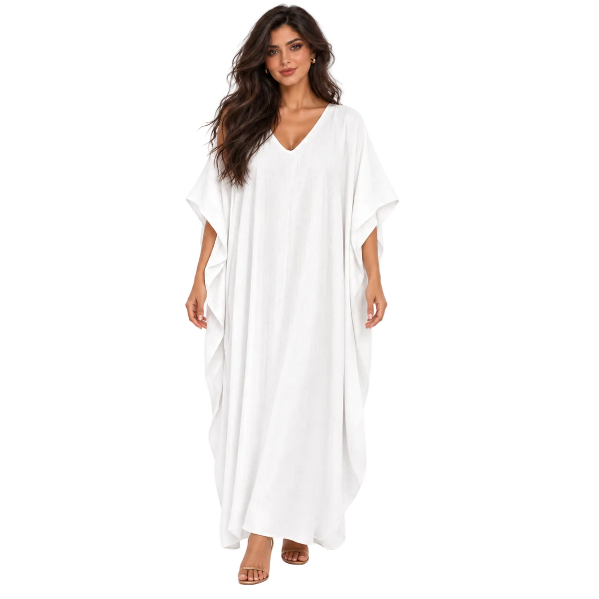 Elegant White Linen Kaftan Maxi Dress-1