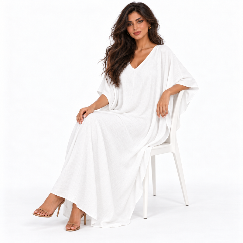 Elegant White Linen Kaftan Maxi Dress-2