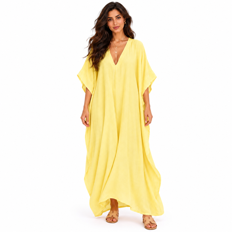 Elegant Yellow Linen V-Neck Maxi Kaftan-1