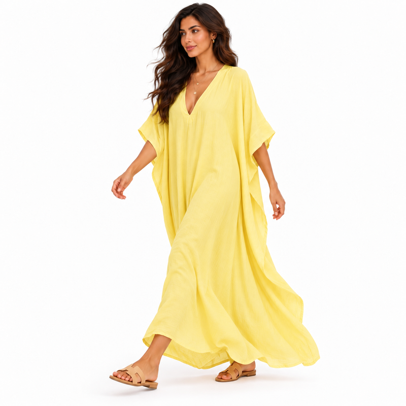 Elegant Yellow Linen V-Neck Maxi Kaftan-3