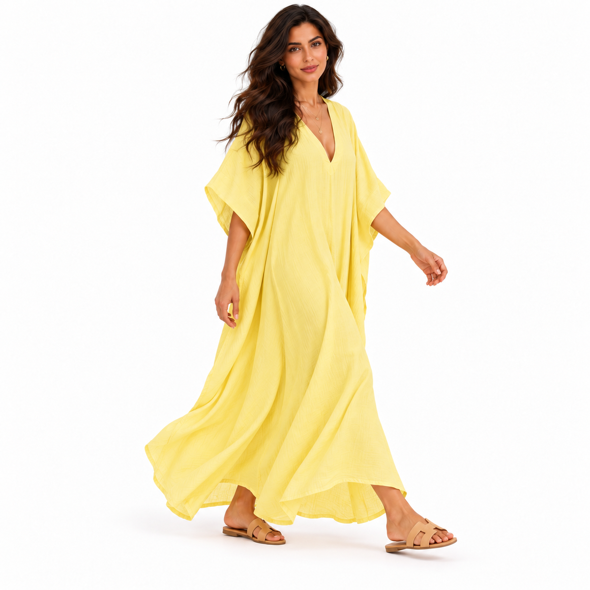 Elegant Yellow Linen V-Neck Maxi Kaftan-2
