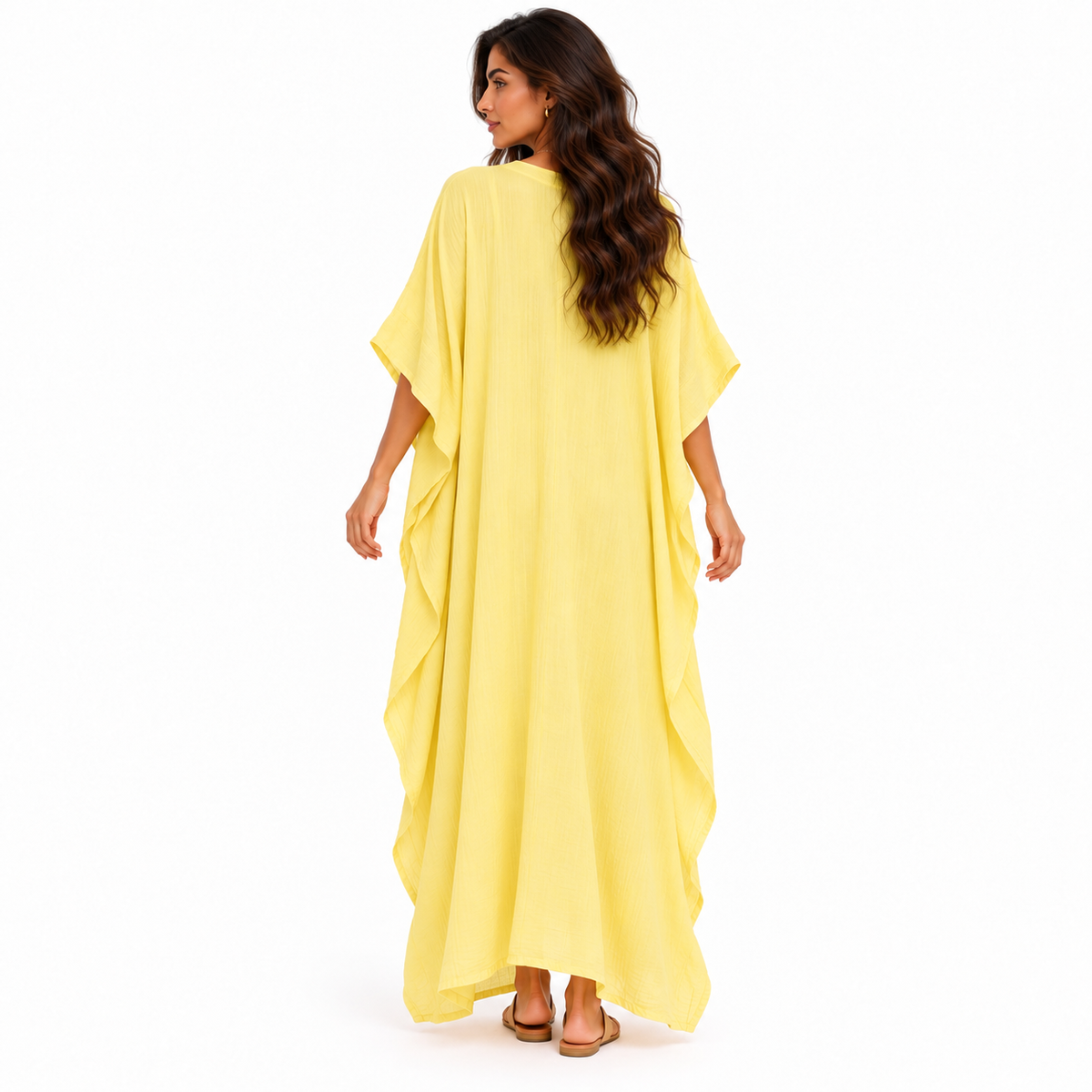 Elegant Yellow Linen V-Neck Maxi Kaftan-4