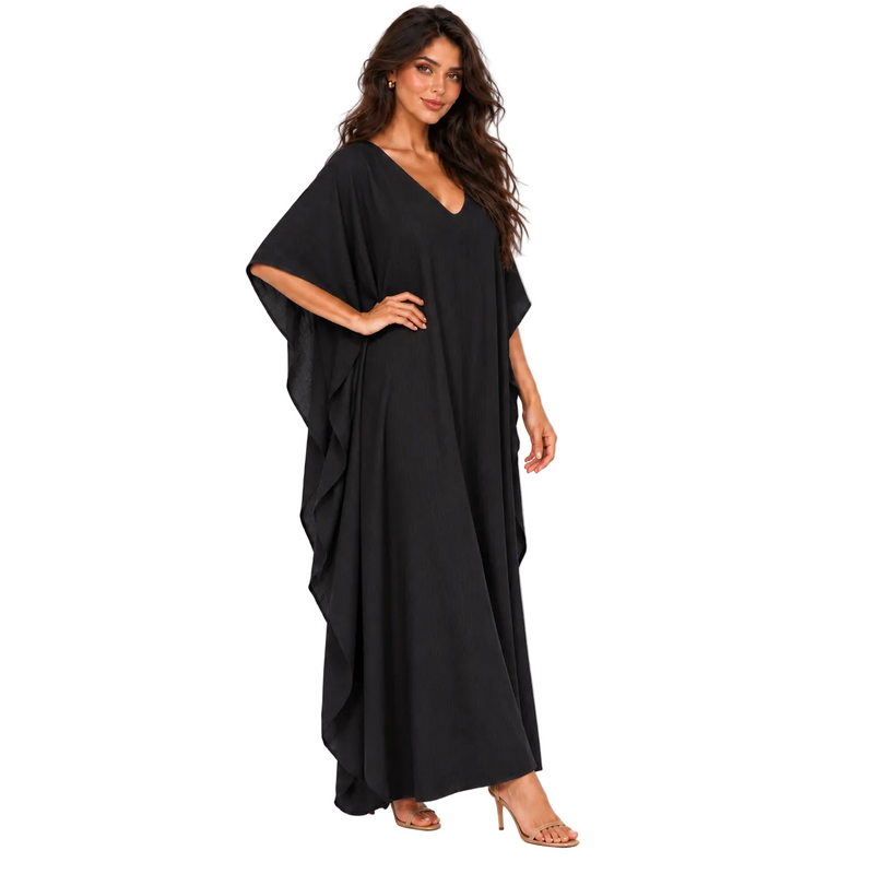 Elegant Black Linen Kaftan Maxi Dress-3