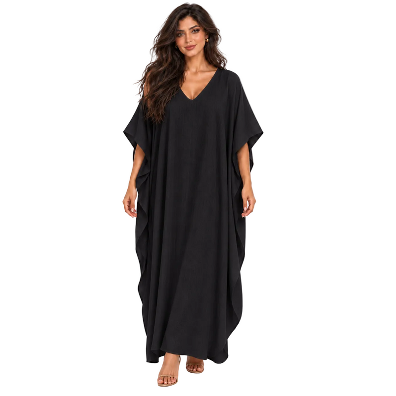 Elegant Black Linen Kaftan Maxi Dress-1